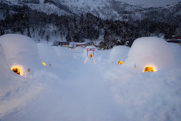 Multiple illuminated igloos with warm pathway lights at night
